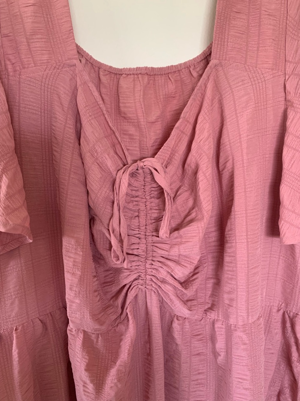BloomChic Pink Tiered Dress Plus Size 30 Ruched Bodice, Textured, Short Sleeves - Picture 3 of 7